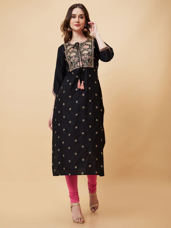 Globus Women Black Floral Yoke Embroidered Festive Straight Kurta