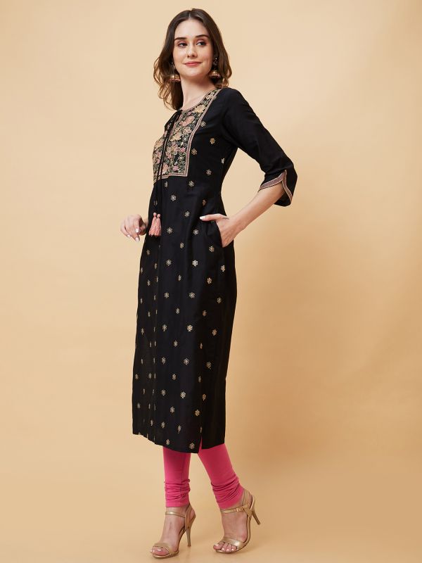 Globus Women Black Floral Yoke Embroidered Festive Straight Kurta