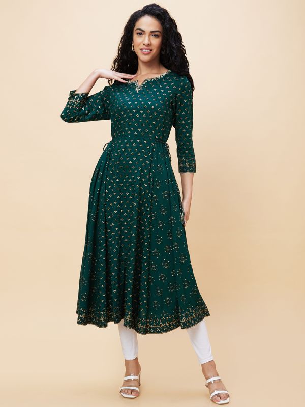 Globus Women Green Ethnic Motifs Print Gold Zari Embroidery Neckline Panelled Anarkali Festive Kurta