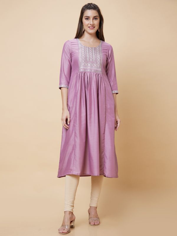 Globus Women Mauve Yoke Sequinned Embroidered Round Neck Panelled Festive A-Line Kurta