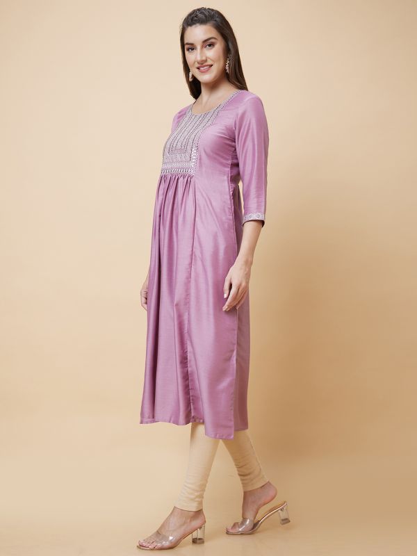 Globus Women Mauve Yoke Sequinned Embroidered Round Neck Panelled Festive A-Line Kurta