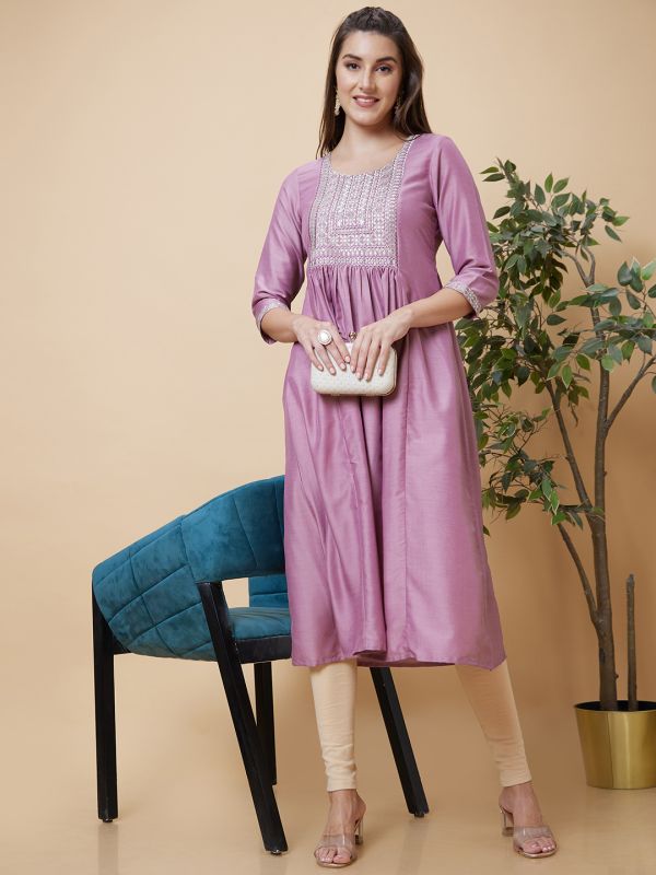 Globus Women Mauve Yoke Sequinned Embroidered Round Neck Panelled Festive A-Line Kurta