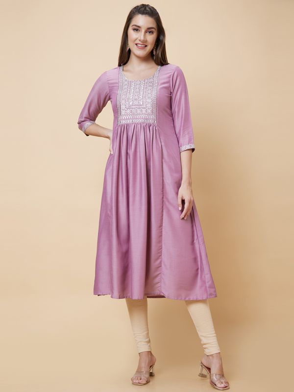 Globus Women Mauve Yoke Sequinned Embroidered Round Neck Panelled Festive A-Line Kurta