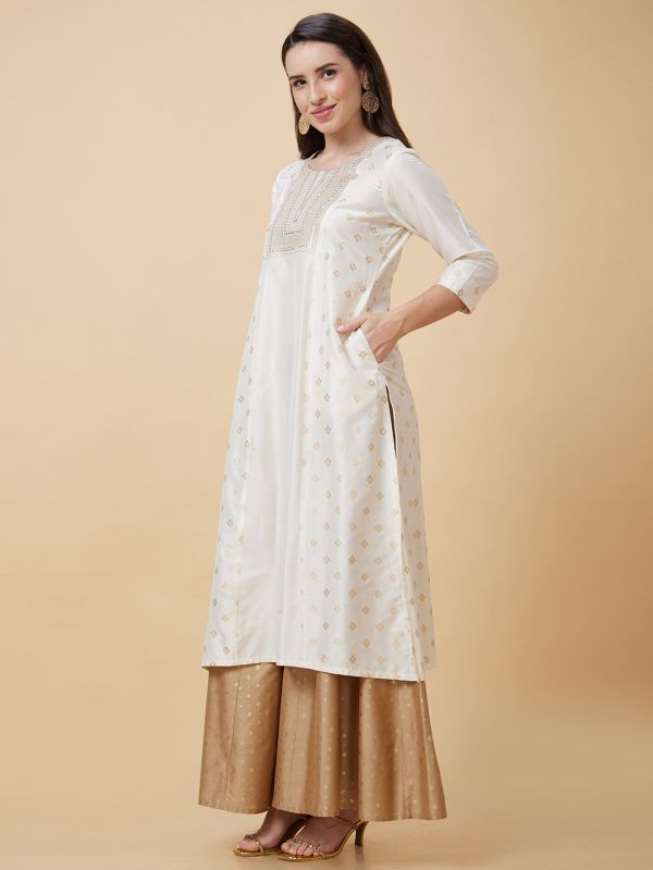 Globus Women Off-White Ethnic Motifs Gold Print Yoke Embroidered Round Neck Festive Straight Panelled Kurta with Pockets