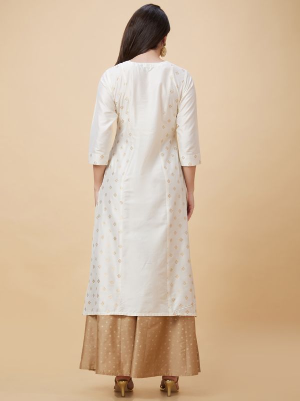 Globus Women Off-White Ethnic Motifs Gold Print Yoke Embroidered Round Neck Festive Straight Panelled Kurta with Pockets