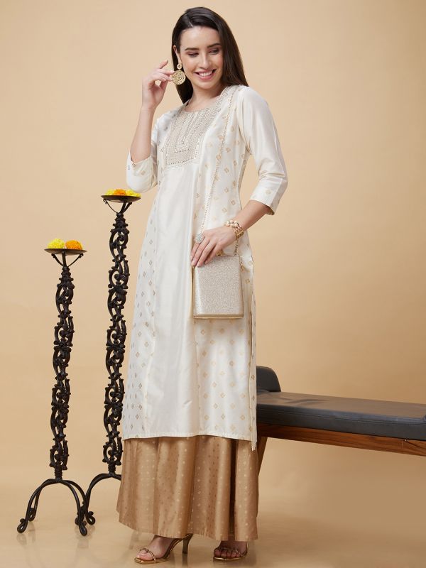 Globus Women Off-White Ethnic Motifs Gold Print Yoke Embroidered Round Neck Festive Straight Panelled Kurta with Pockets