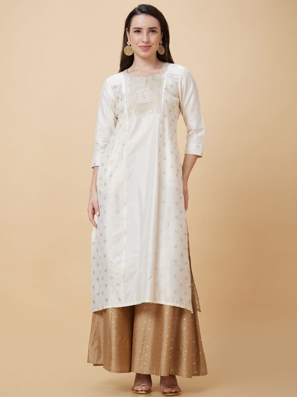 Globus Women Off-White Ethnic Motifs Gold Print Yoke Embroidered Round Neck Festive Straight Panelled Kurta with Pockets