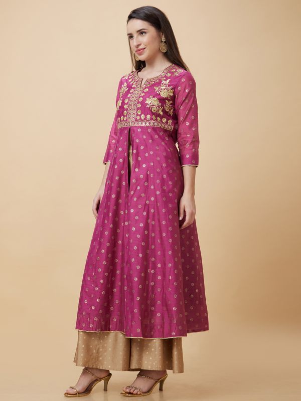 Globus Women Pink Gold Foil Print Yoke Embroidered Round Neck Festive A-Line High Slit Kurta with Pockets