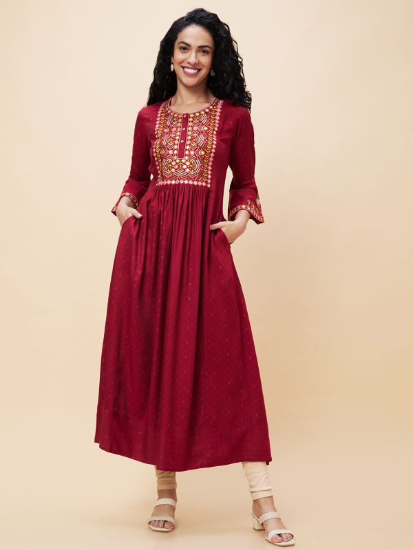 Globus Women Maroon Yoke Embroidered Round Neck Panelled Festive A-Line Kurta