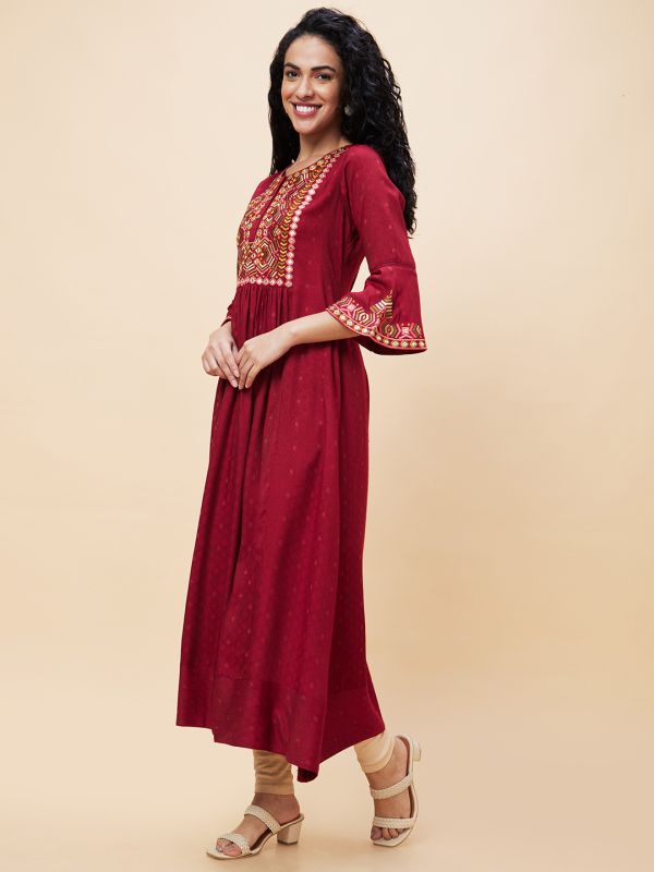 Globus Women Maroon Yoke Embroidered Round Neck Panelled Festive A-Line Kurta