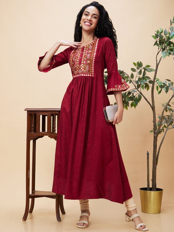 Globus Women Maroon Yoke Embroidered Round Neck Panelled Festive A-Line Kurta