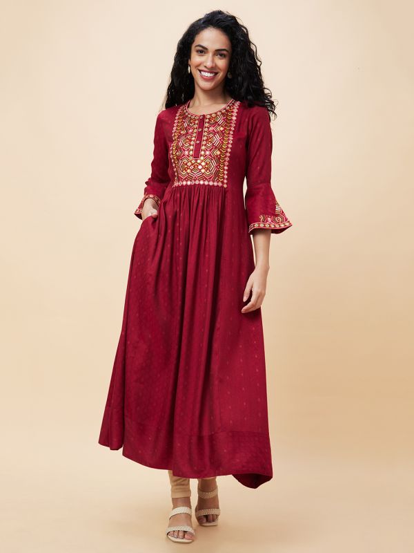 Globus Women Maroon Yoke Embroidered Round Neck Panelled Festive A-Line Kurta