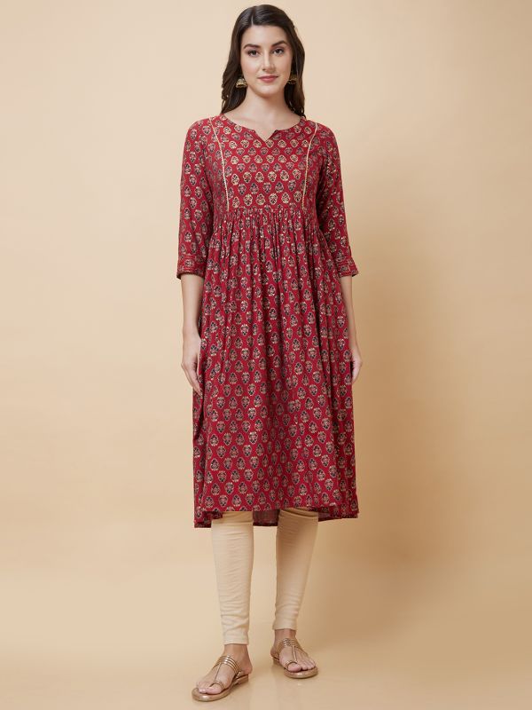 Globus Women Maroon Printed Festive A-Line Kurta