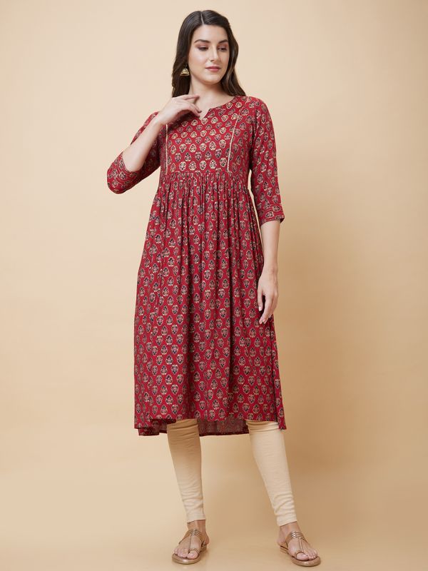 Globus Women Maroon Printed Festive A-Line Kurta