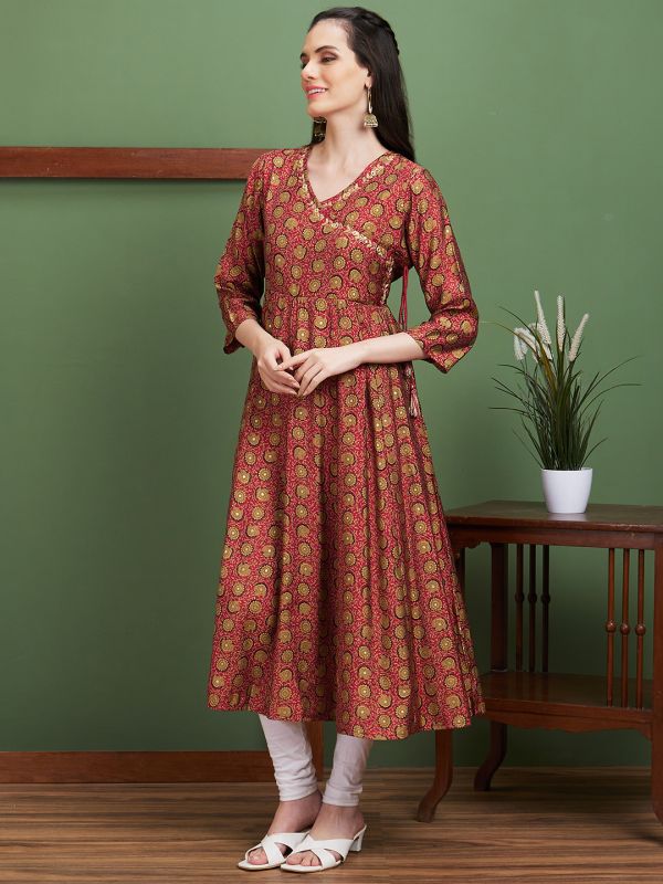 Globus Women Maroon Floral Print V-Neck Festive Anarkali Kurta