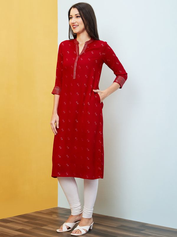 Globus Women Red Thread Work Mandarin Collar Geometric Print Straight Kurta