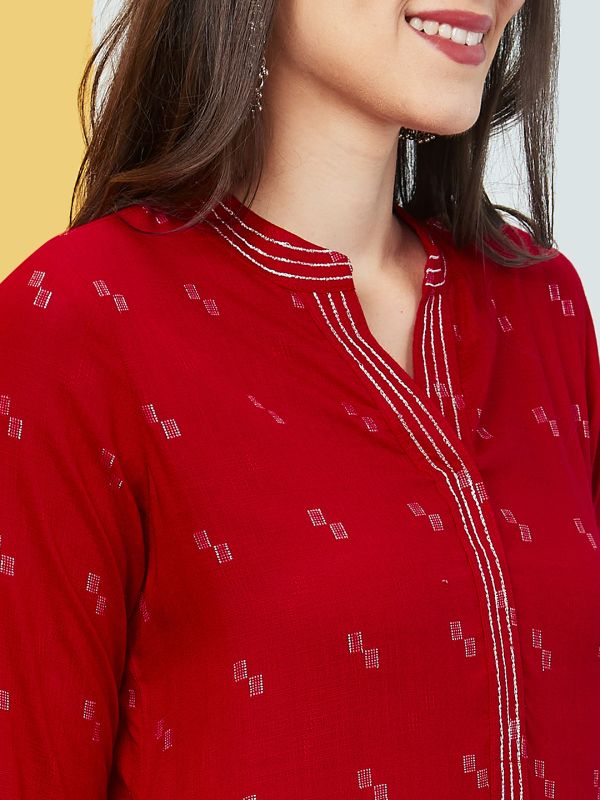 Globus Women Red Thread Work Mandarin Collar Geometric Print Straight Kurta