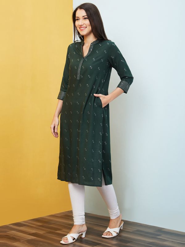 Globus Women Green Woven Design Mandarin Collar Straight Festive Kurta