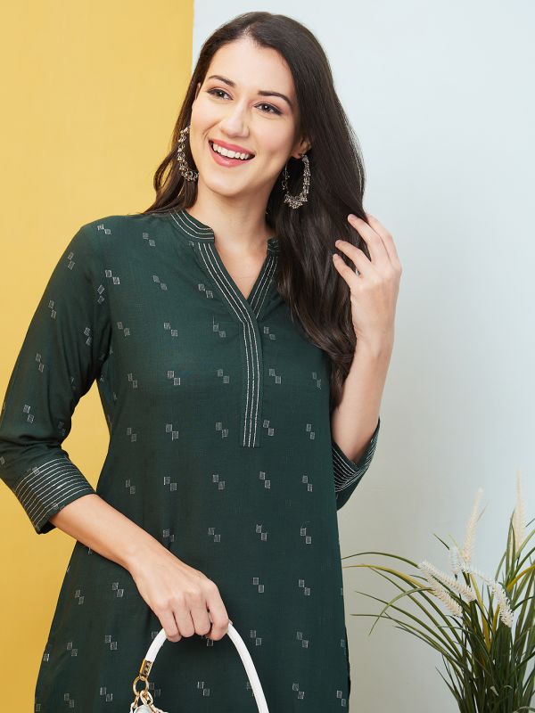 Globus Women Green Woven Design Mandarin Collar Straight Festive Kurta