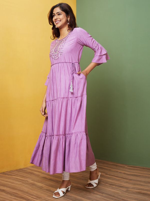 Globus Women Lilac Embroidered Round Neck A-Line Kurta