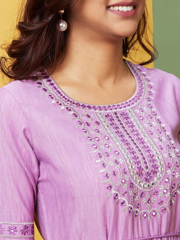 Globus Women Lilac Embroidered Round Neck A-Line Kurta