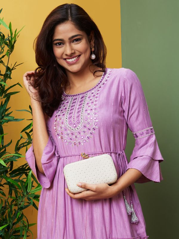 Globus Women Lilac Embroidered Round Neck A-Line Kurta