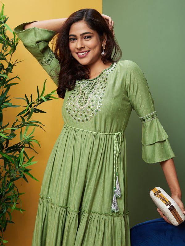 Globus Women Green Embroidered Round Neck A-Line Kurta