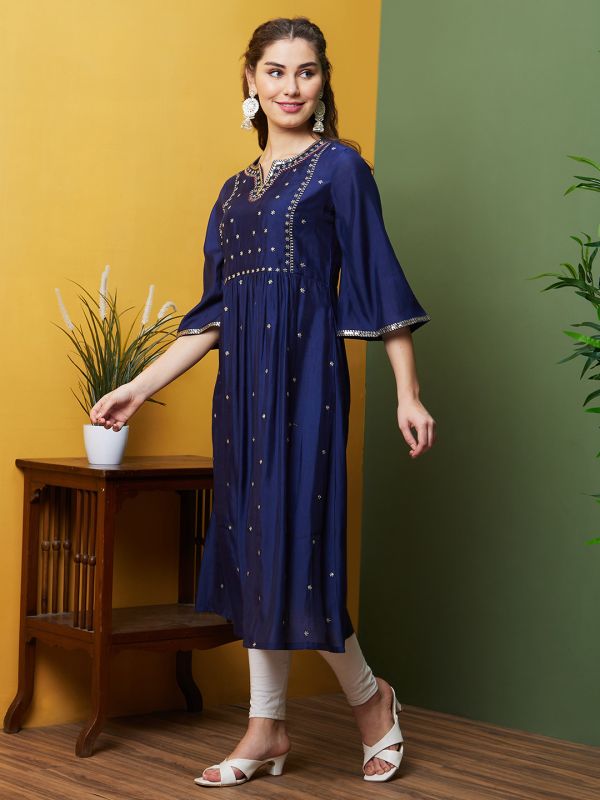 Globus Women Blue Festive Wear Embroidered Bell Sleeves Round Neck A-Line Kurta