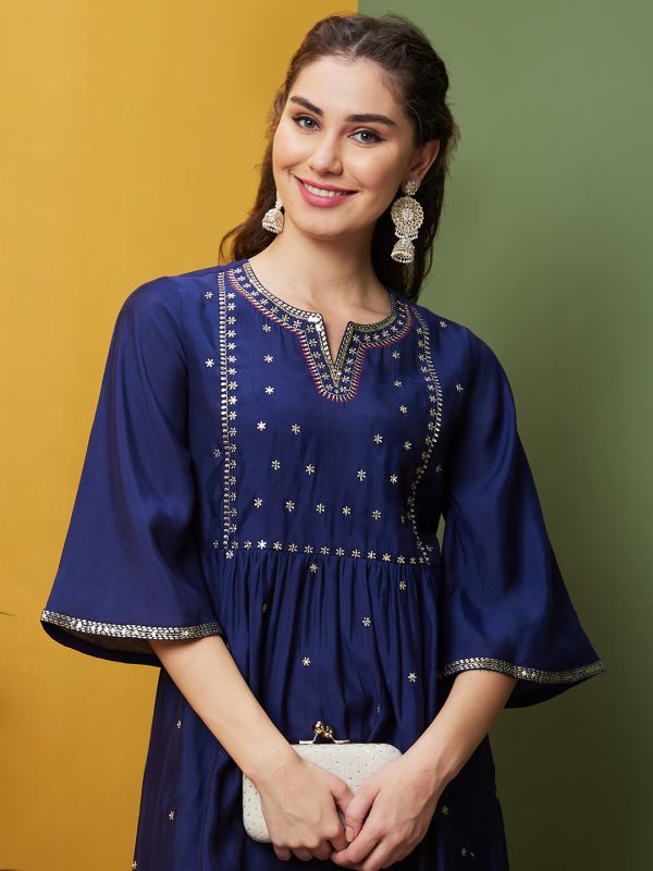 Globus Women Blue Festive Wear Embroidered Bell Sleeves Round Neck A-Line Kurta