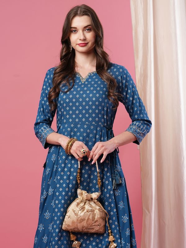 Globus Women Blue V Embroidered Neck Allover Ethnic Motifs Panelled Calf Length A-Line Kurta