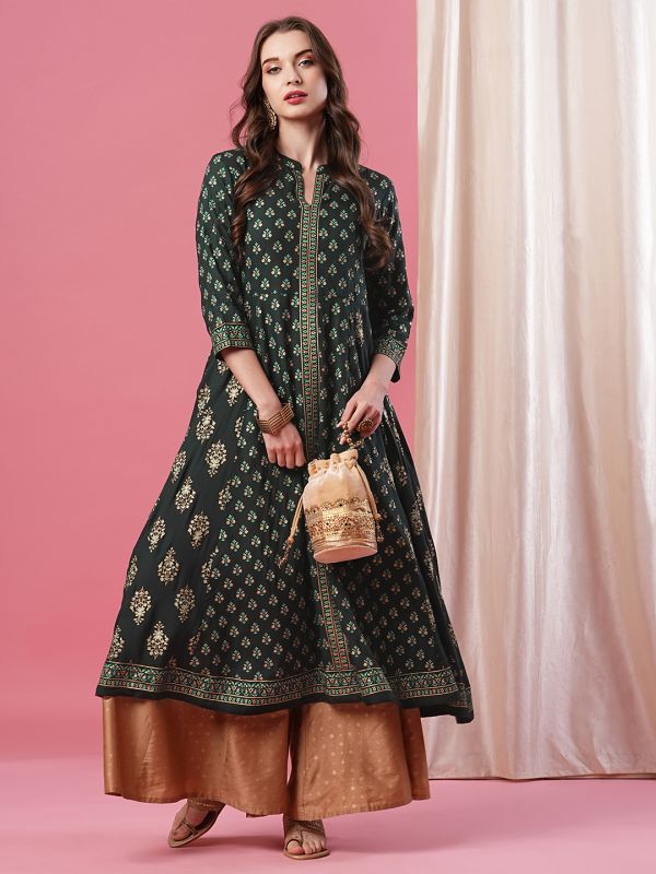 Globus Women Green Mandarin Collar Allover Ethnic Motifs Printed Panelled Calf Length Anarkali Kurta