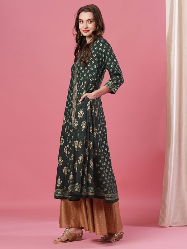 Globus Women Green Mandarin Collar Allover Ethnic Motifs Printed Panelled Calf Length Anarkali Kurta