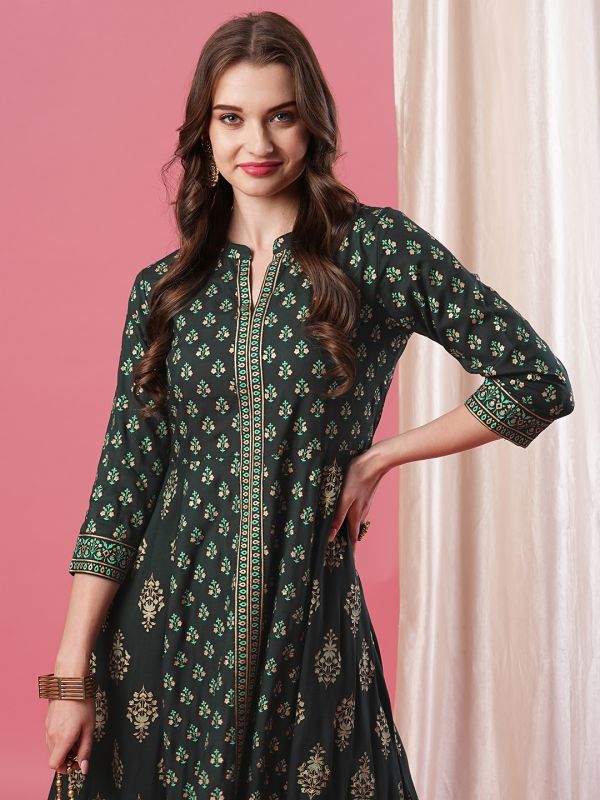 Globus Women Green Mandarin Collar Allover Ethnic Motifs Printed Panelled Calf Length Anarkali Kurta