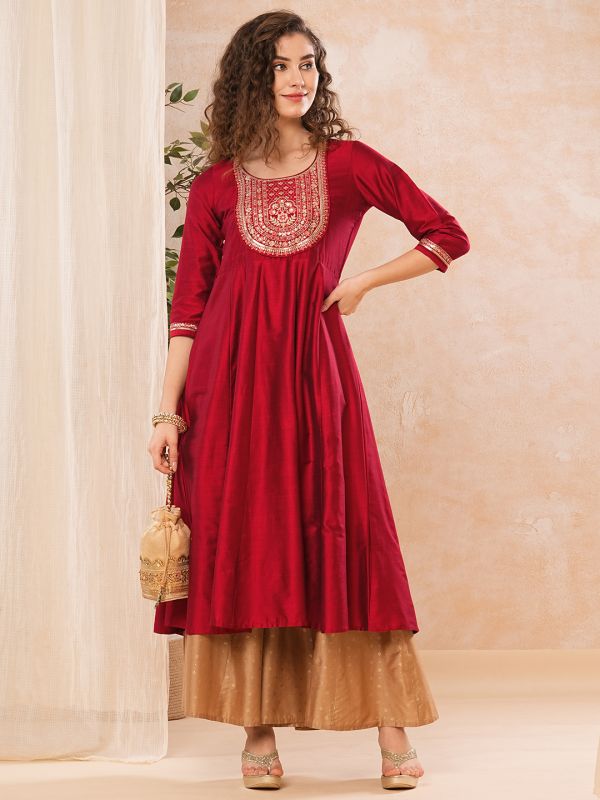 Globus Women Red Embroidered & Sequinned Yoke Panelled Anarkali Kurta