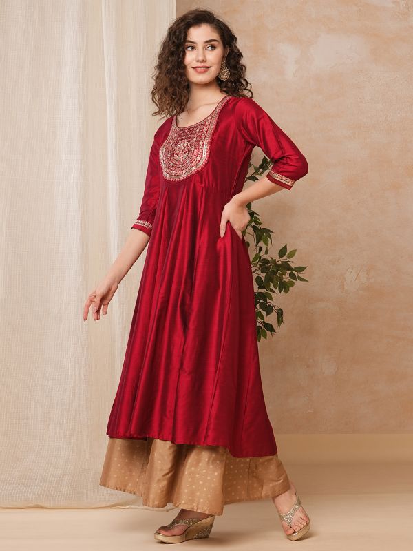 Globus Women Red Embroidered & Sequinned Yoke Panelled Anarkali Kurta