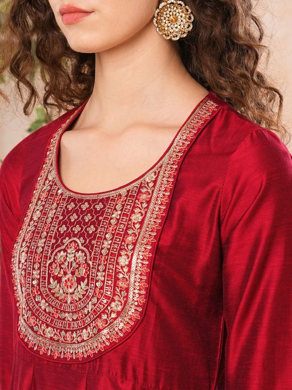 Globus Women Red Embroidered & Sequinned Yoke Panelled Anarkali Kurta