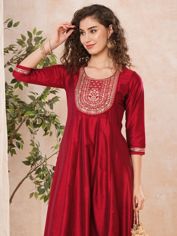 Globus Women Red Embroidered & Sequinned Yoke Panelled Anarkali Kurta