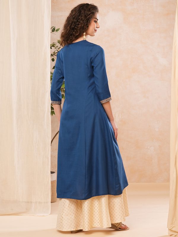 Globus Women Blue V-Neck Overlapped Embroidered Yoke A-Line Kurta