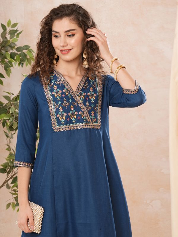 Globus Women Blue V-Neck Overlapped Embroidered Yoke A-Line Kurta