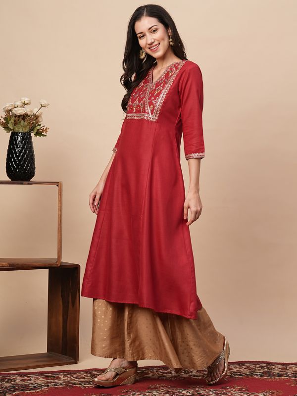 Globus Women Red Overlapped V-Neck Embroidered Yoke A-Line Kurta