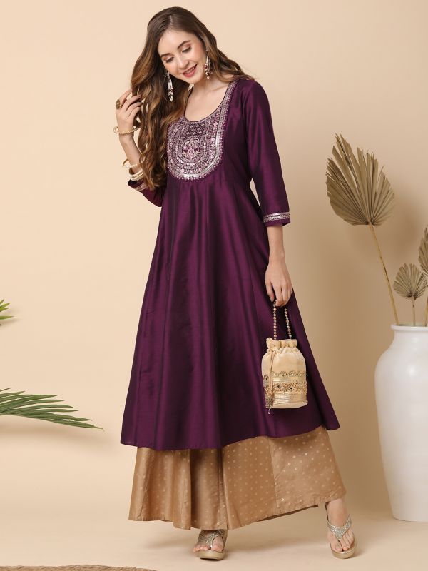 Globus Women Purple Embroidered Yoke Panelled Anarkali Kurta