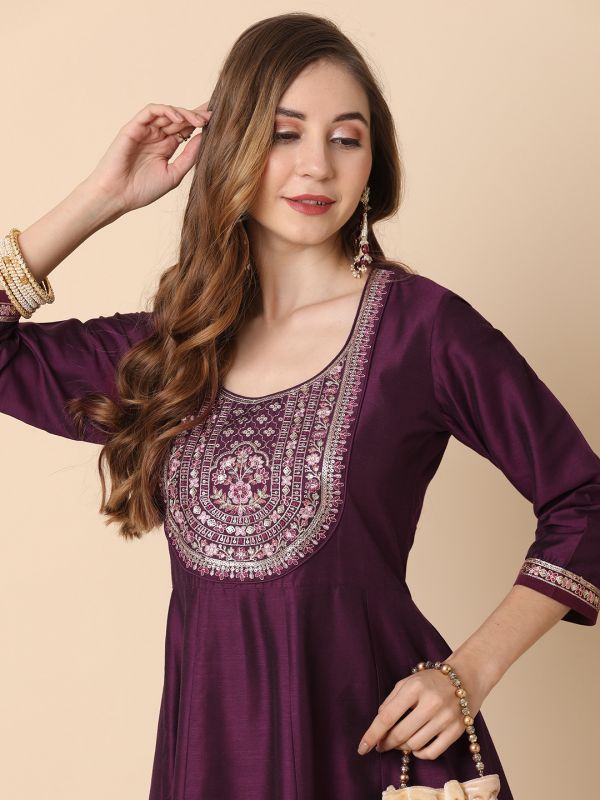 Globus Women Purple Embroidered Yoke Panelled Anarkali Kurta