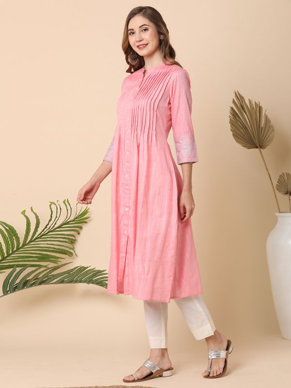 Globus Women Peach Mandarin Collar Embroidered Sleeve Button-Down Pleated A-Line Kurta