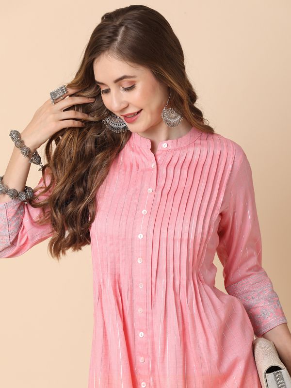 Globus Women Peach Mandarin Collar Embroidered Sleeve Button-Down Pleated A-Line Kurta