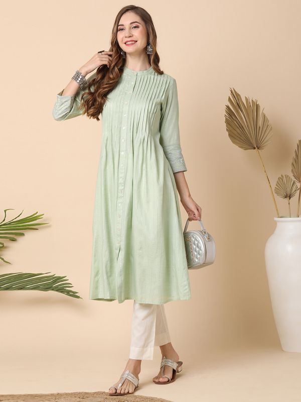 Globus Women Green Embroidered Sleeve Pleated A-Line Kurta