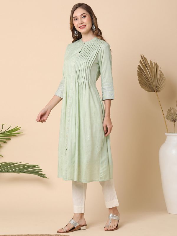 Globus Women Green Embroidered Sleeve Pleated A-Line Kurta