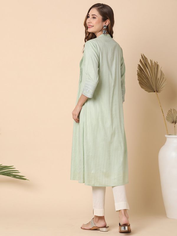 Globus Women Green Embroidered Sleeve Pleated A-Line Kurta