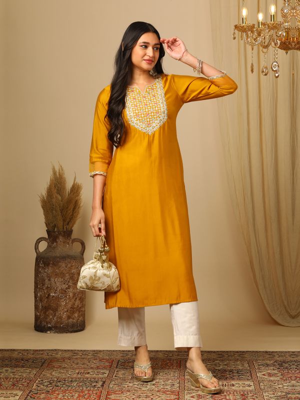 Globus Women Yellow Zari Embroidered Yoke Round Neck Straight Calf Length Ethnic Kurta