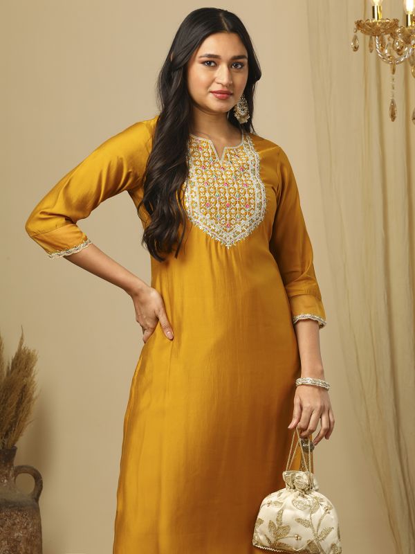 Globus Women Yellow Zari Embroidered Yoke Round Neck Straight Calf Length Ethnic Kurta