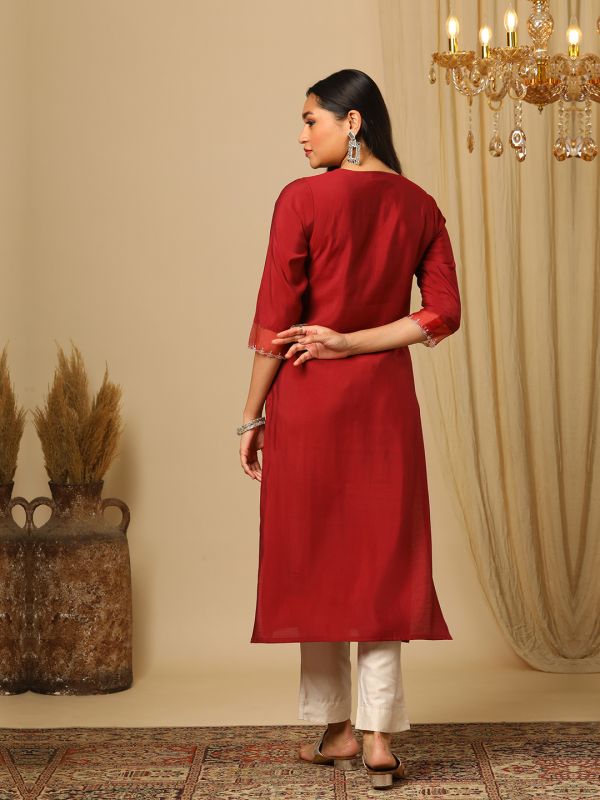 Globus Women Red V-Neck Zari Embroidered Yoke Design Straight Calf Length Ethnic Kurta